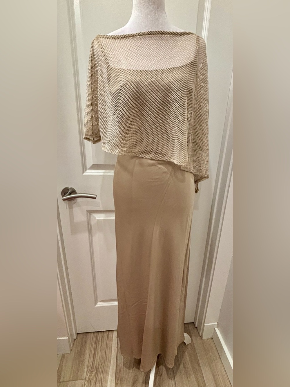 NWT Thirty Thirty brass champagne  dress with Sheer Mesh Overlay- M